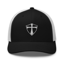 Load image into Gallery viewer, REACH White on Black Embroidered Retro Trucker Hat