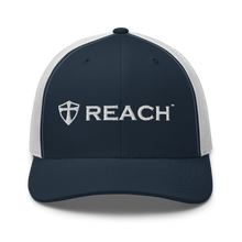 Load image into Gallery viewer, REACH Embroidered White on Navy Retro Trucker Hat