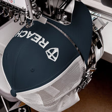 Load image into Gallery viewer, REACH Embroidered White on Navy Retro Trucker Hat