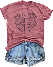 Load image into Gallery viewer, VVNTY Christian Shirts for Women: Heart Bible Verse T Shirt Religious Cross Graphic Tee Jesus Faith Tops Pink