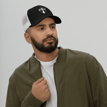 Load image into Gallery viewer, REACH White on Black Embroidered Retro Trucker Hat