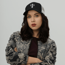 Load image into Gallery viewer, REACH White on Black Embroidered Retro Trucker Hat