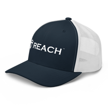 Load image into Gallery viewer, REACH Embroidered White on Navy Retro Trucker Hat